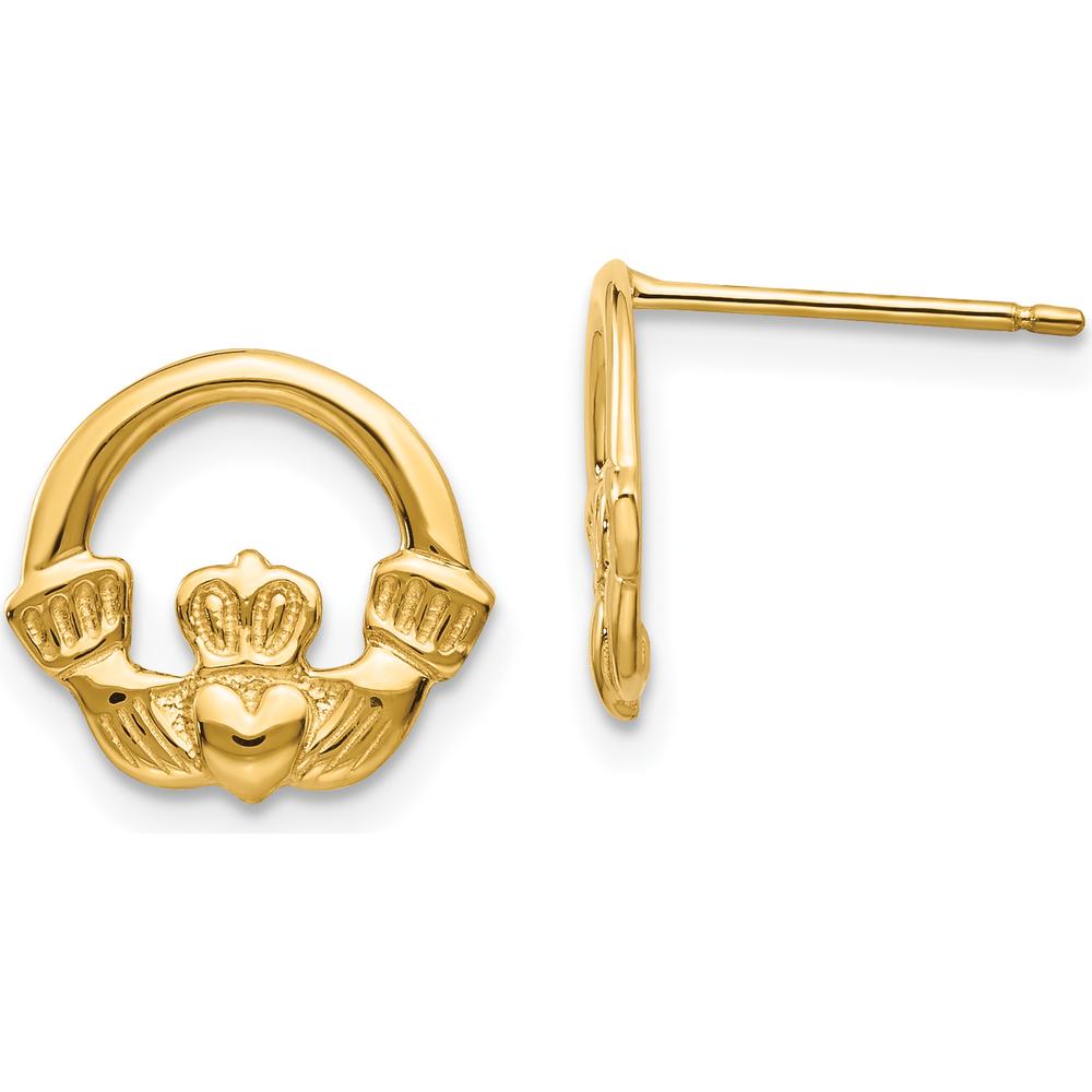 14K Yellow Gold Claddagh Post Earrings - Symbolic Love and Loyalty Design by 0