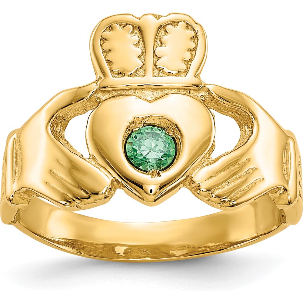 14K Yellow Gold Claddagh Ring with Synthetic Green Emerald - 3mm Round May Birthstone by Oro Pregiato