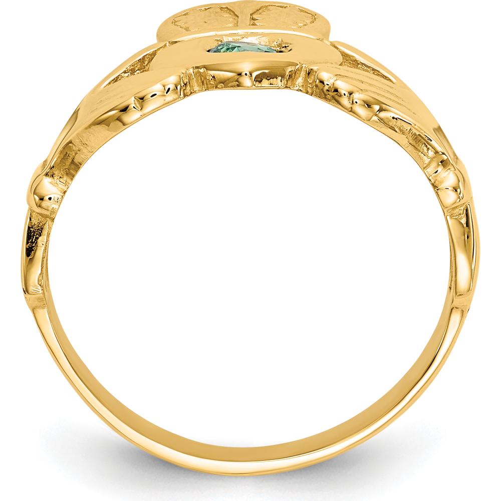 14K Yellow Gold Claddagh Ring with Synthetic Green Emerald - 3mm Round May Birthstone by Oro Pregiato