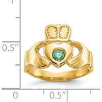 14K Yellow Gold Claddagh Ring with Synthetic Green Emerald - 3mm Round May Birthstone by Oro Pregiato