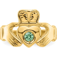 14K Yellow Gold Claddagh Ring with Synthetic Green Emerald - 3mm Round May Birthstone by Oro Pregiato
