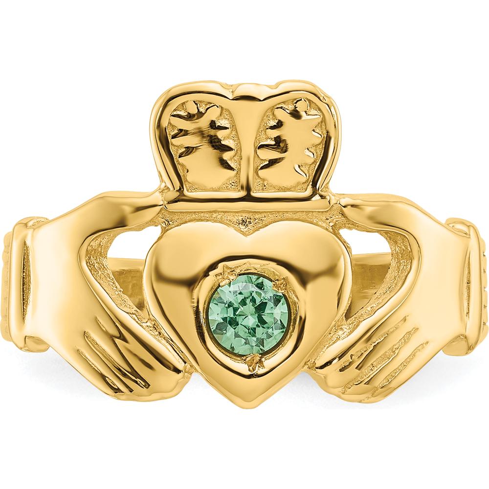 14K Yellow Gold Claddagh Ring with Synthetic Green Emerald - 3mm Round May Birthstone by Oro Pregiato