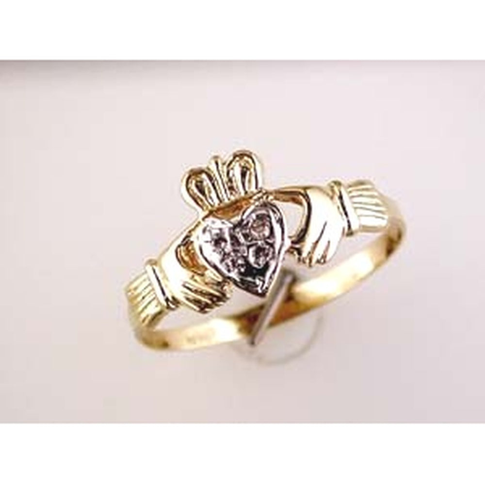 14K Yellow Gold Claddagh Style Heart Ring with Prong Set Round Diamonds - 0.05 Carat Total Diamond Weight - Royal Jewelry