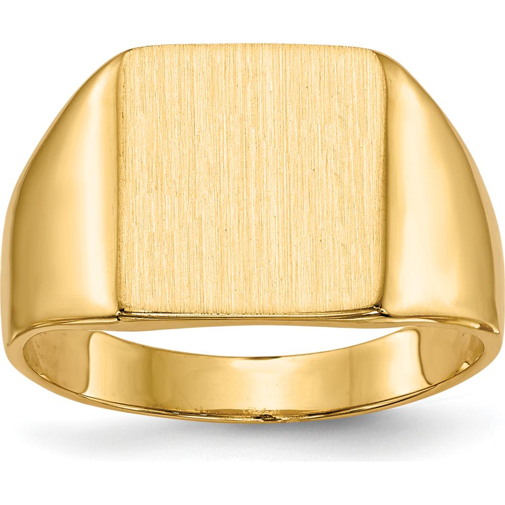 14K Yellow Gold Closed Back Signet Ring with Satin and Polished Finish - Custom Engravable, 11.0x11.5mm Face by 0