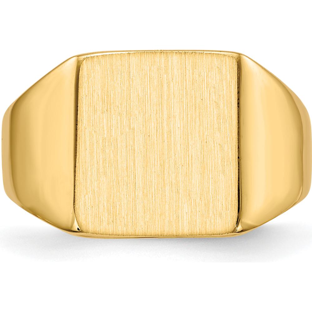 14K Yellow Gold Closed Back Signet Ring with Satin and Polished Finish - Custom Engravable, 11.0x11.5mm Face by 0