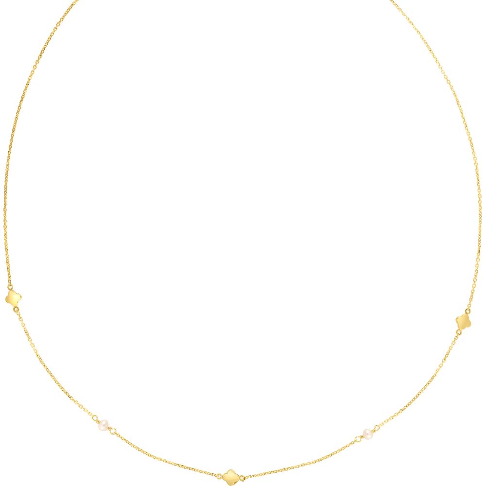 14K Yellow Gold Clover and Freshwater Pearl Chain Necklace - 18" by Orozza Fine Jewelry