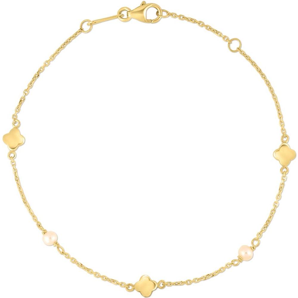 14K Yellow Gold Clover and Freshwater Pearl Chain Necklace - 18" by Orozza Fine Jewelry