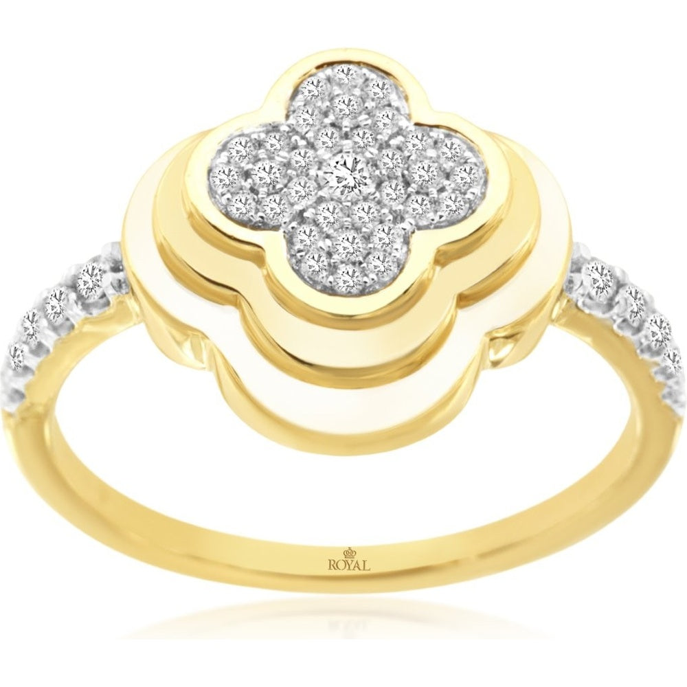 14K Yellow Gold Clover Motif Cluster Ring with Round Diamonds - 0.25 Carat Total Diamond Weight - Royal Jewelry