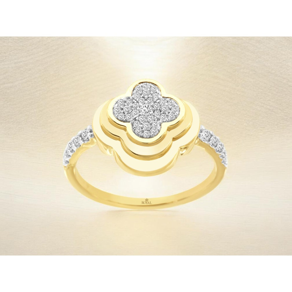 14K Yellow Gold Clover Motif Cluster Ring with Round Diamonds - 0.25 Carat Total Diamond Weight - Royal Jewelry