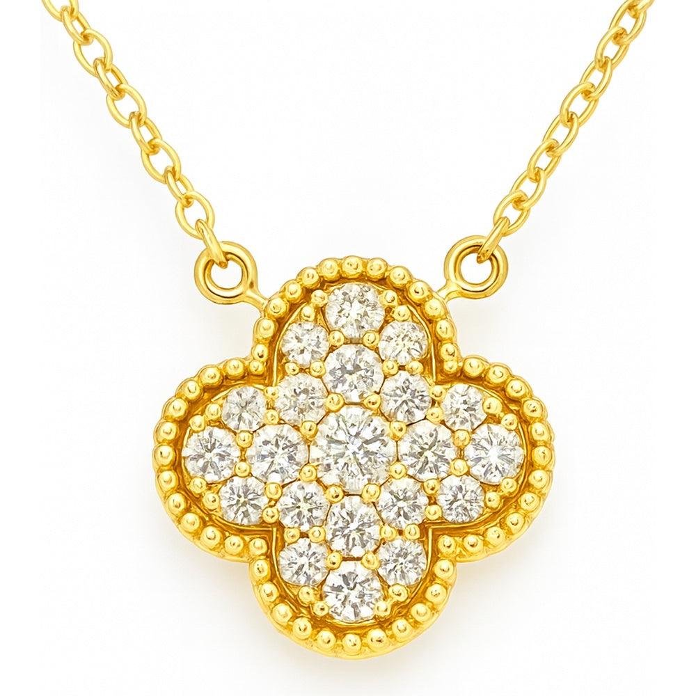 14K Yellow Gold Clover Motif Necklace with Prong Set Round Diamonds - 0.72 Carat Total Diamond Weight by Auriventus