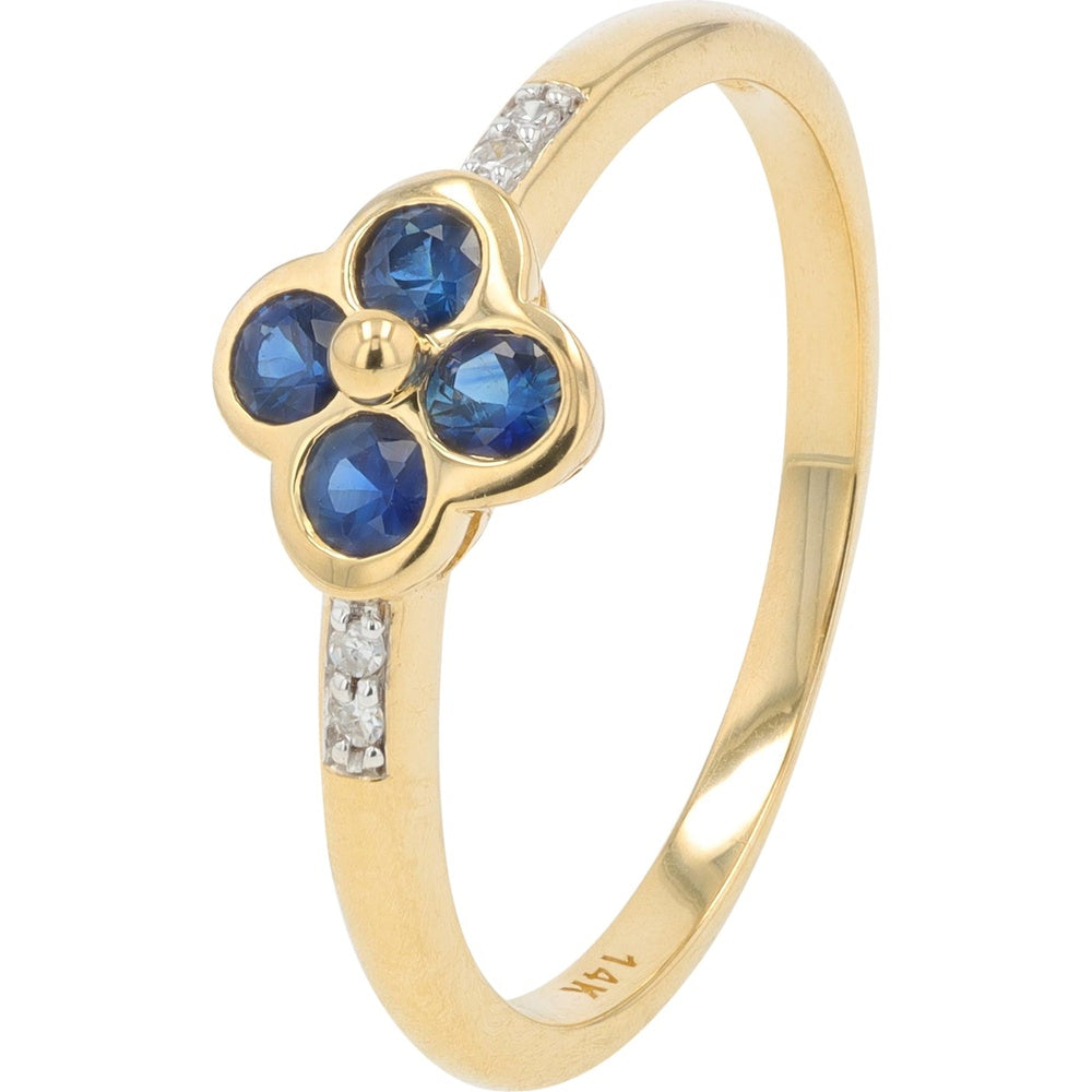14K Yellow Gold Clover Ring with Round Sapphires and Diamond Accents - 0.20 Carat Total Sapphire Weight