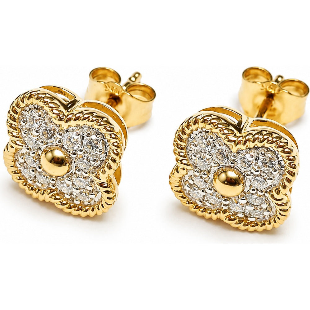 14K Yellow Gold Clover Stud Earrings with Pave Set Round Diamonds - 0.36 Carat Total Diamond Weight by Auriventus