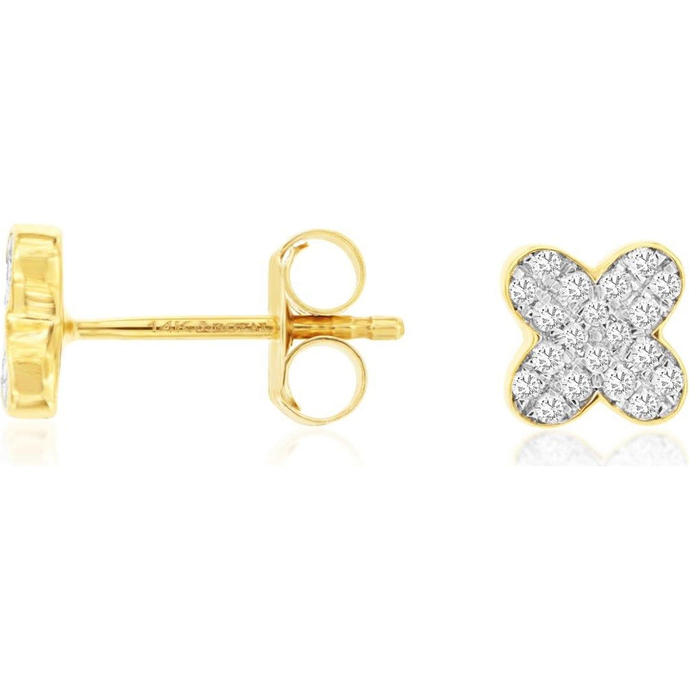 14K Yellow Gold Clover Stud Earrings with Round Diamonds - 0.20 Carat Total Diamond Weight - Royal Jewelry