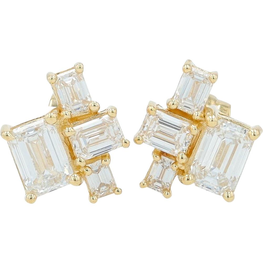14K Yellow Gold Cluster Stud Earrings with Baguette and Round Lab-Grown Diamonds - 1.25 Carats Total Diamond Weight
