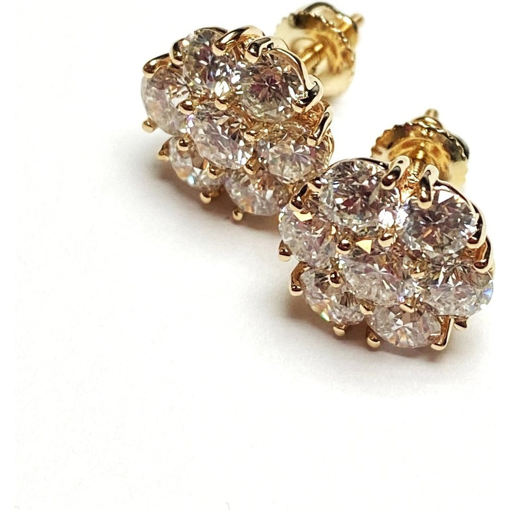14K Yellow Gold Cluster Stud Earrings with Round Brilliant Diamonds - 4.37 Carat Total Diamond Weight by Auriventus