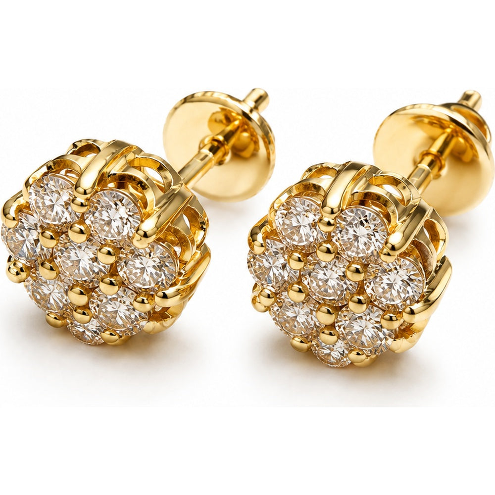 14K Yellow Gold Cluster Stud Earrings with Shared-Prong Set Round Diamonds - 1.55 Carat Total Diamond Weight by Auriventus