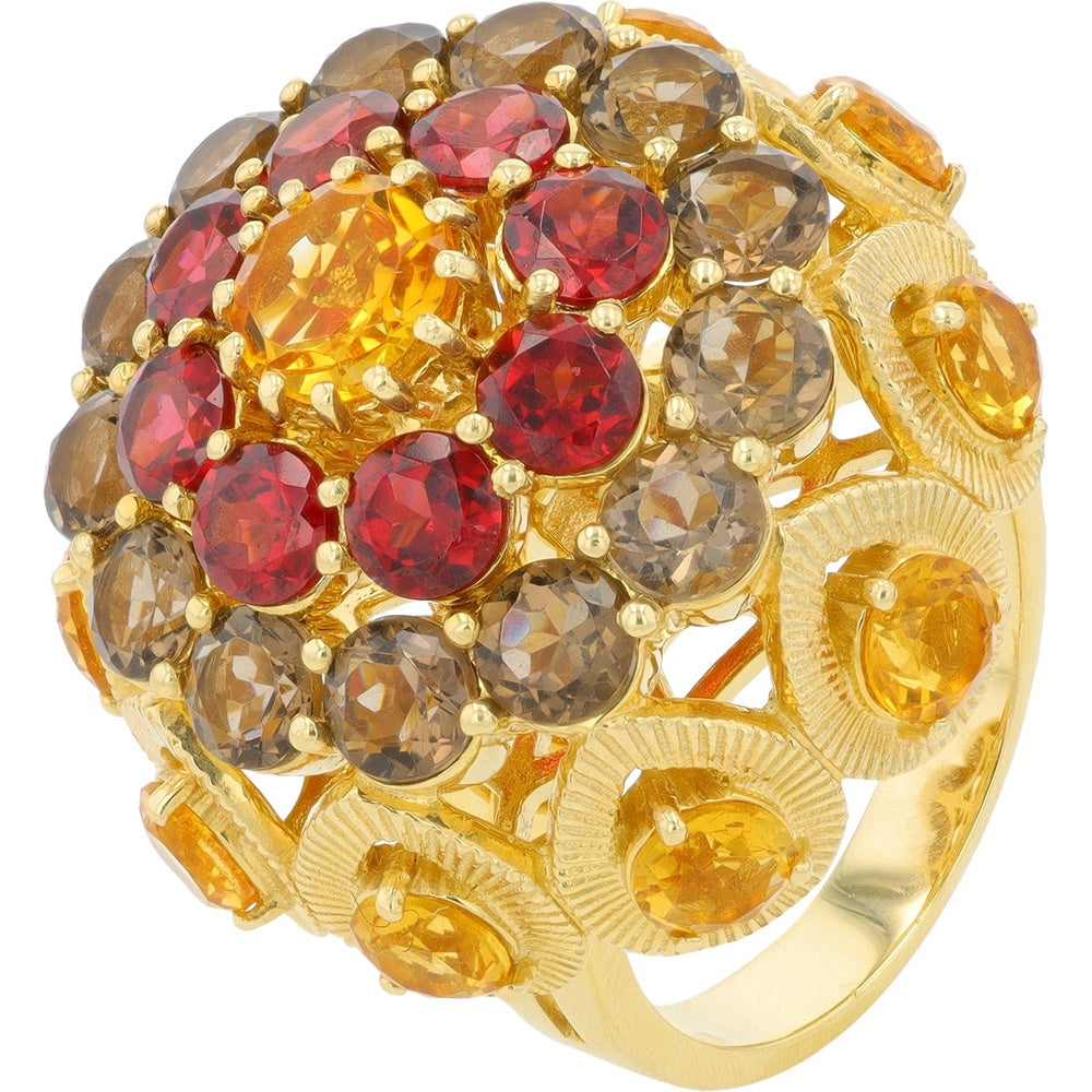 14K Yellow Gold Cocktail Ring with Round Citrine, Garnet, and Smoky Quartz - 8.74 Carat Total Gemstone Weight