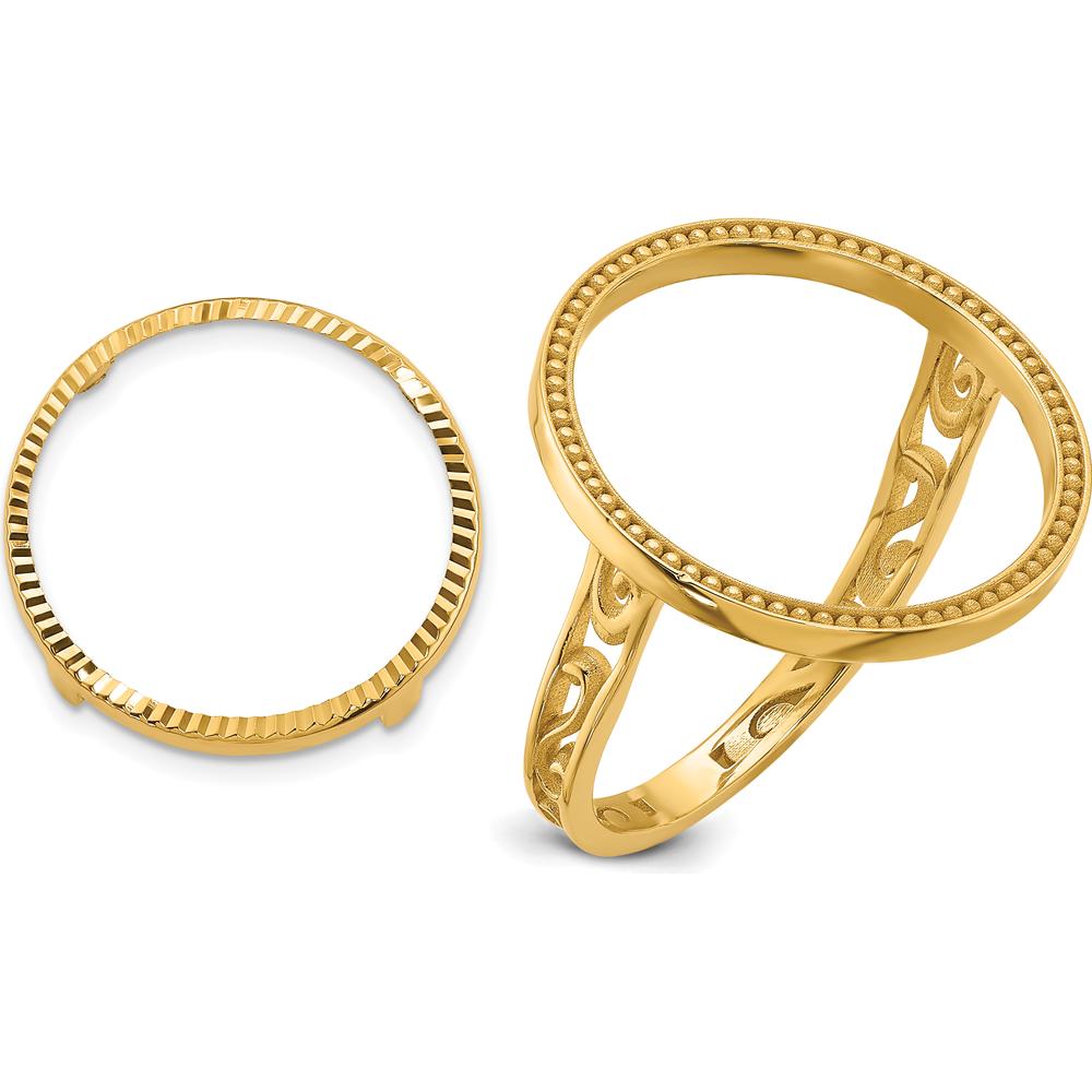 14K Yellow Gold Coin Bezel Ring with Diamond-cut Band and Filigree Sides by Numis Coin Jewelry