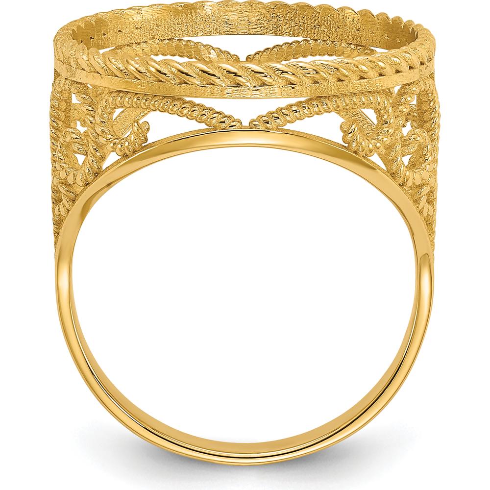 14K Yellow Gold Coin Bezel Ring with Diamond-Cut Scroll and Twisted Wire Design - Holds 1/10 oz. American Eagle Coin by Numis Coin Jewelry