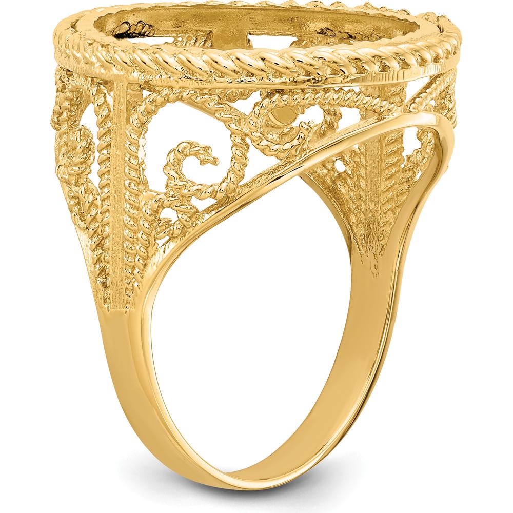 14K Yellow Gold Coin Bezel Ring with Diamond-Cut Scroll and Twisted Wire Design - Holds 1/10 oz. American Eagle Coin by Numis Coin Jewelry