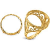 14K Yellow Gold Coin Bezel Ring with Diamond-Cut Scroll and Twisted Wire Design - Holds 1/10 oz. American Eagle Coin by Numis Coin Jewelry