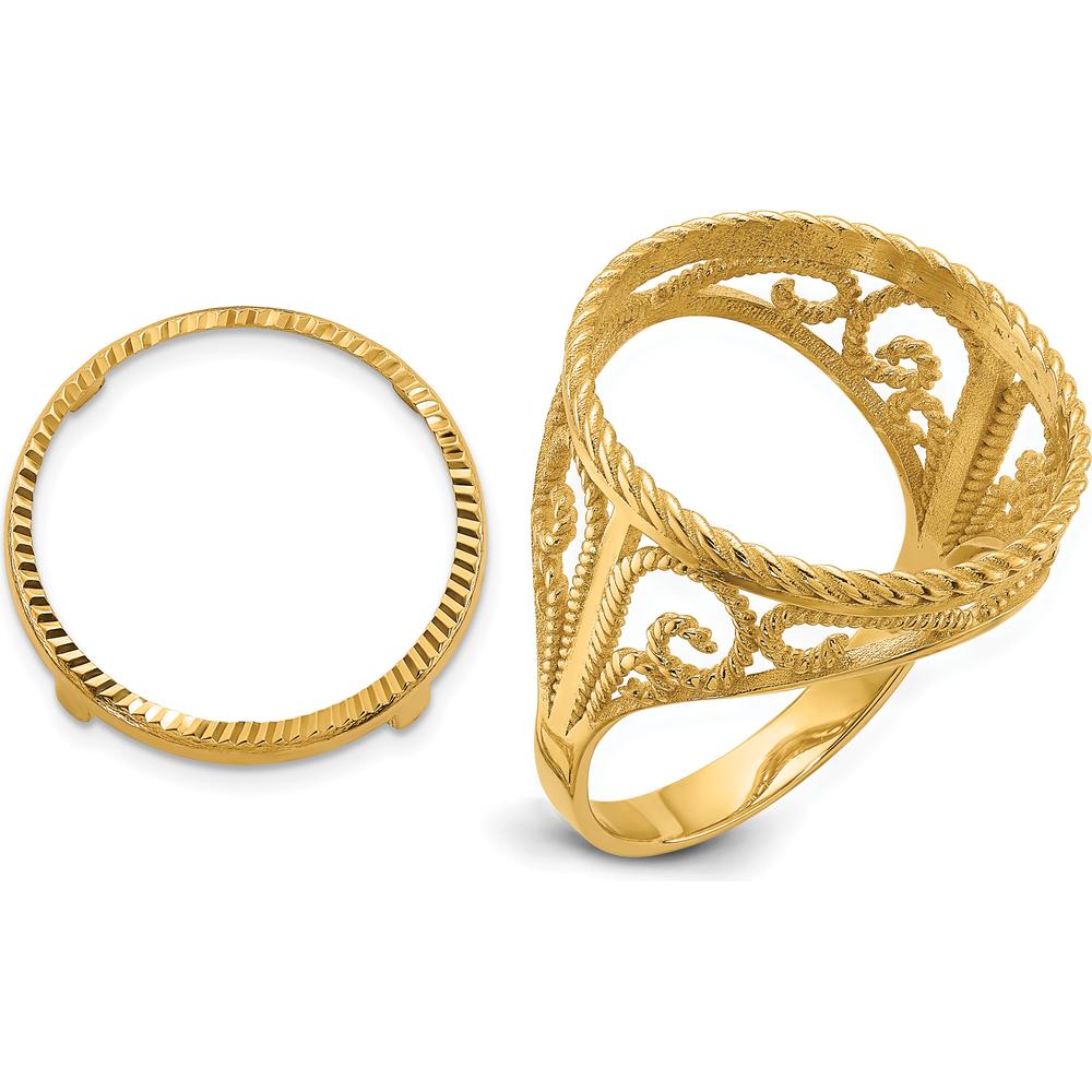 14K Yellow Gold Coin Bezel Ring with Diamond-Cut Scroll and Twisted Wire Design - Holds 1/10 oz. American Eagle Coin by Numis Coin Jewelry