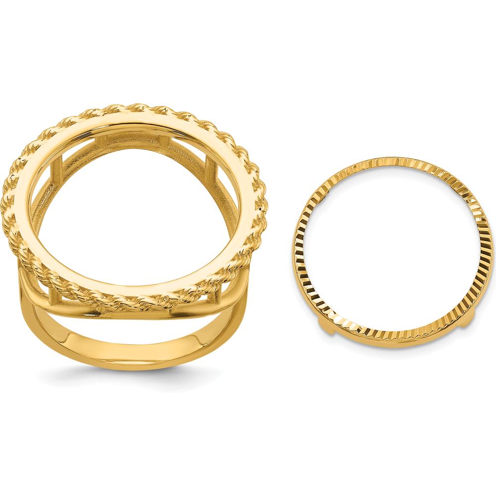 14K Yellow Gold Coin Bezel Ring with Polished Textured and Diamond-Cut Rope Edge - Holds 1/10 oz. American Eagle Coin by Numis Coin Jewelry