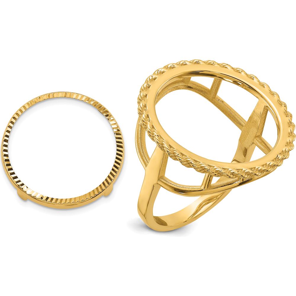 14K Yellow Gold Coin Bezel Ring with Polished Textured and Diamond-Cut Rope Edge - Holds 1/10 oz. American Eagle Coin by Numis Coin Jewelry