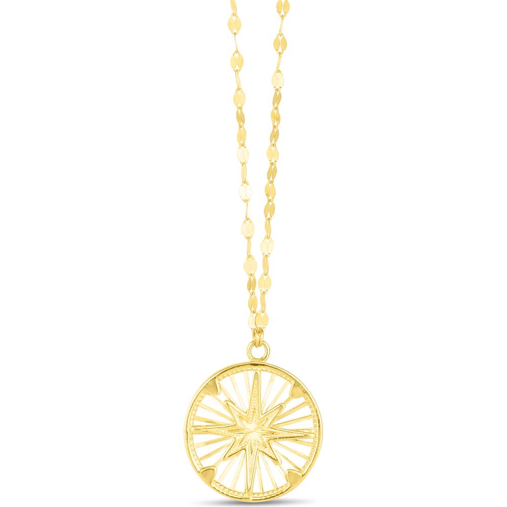 14K Yellow Gold Compass Medallion Necklace with Diamond-Cut Textured Finish - 18" Chain by Orozza Fine Jewelry