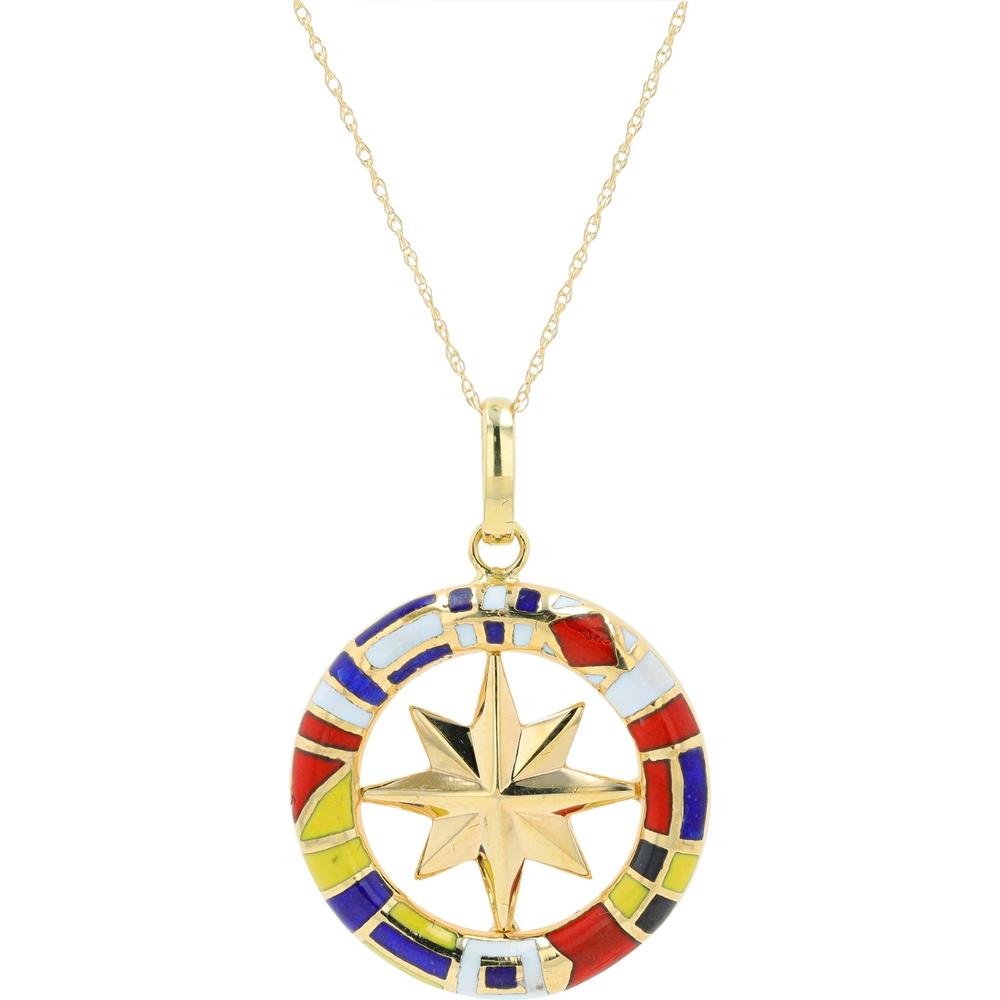 14K Yellow Gold Compass Pendant with Vibrant Enamel Inlay - 5.40 Grams