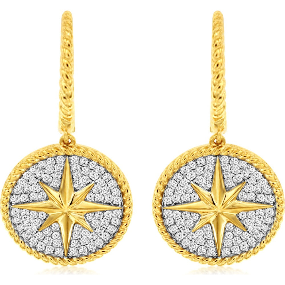 14K Yellow Gold Compass Star Drop Earrings with Pavé Set Round Diamonds - 0.45 Carat Total Diamond Weight - Royal Jewelry