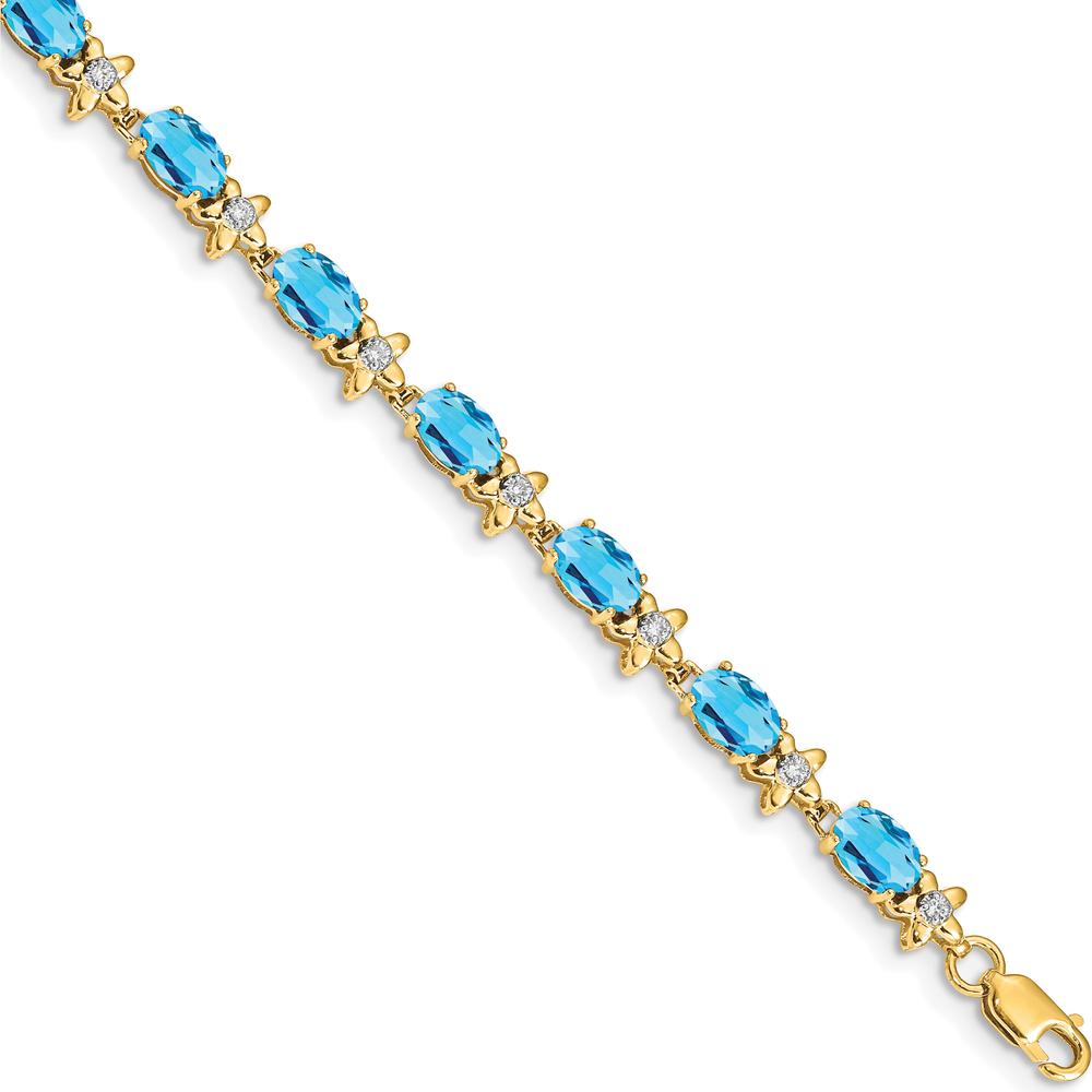 14K Yellow Gold Complete Diamond and Oval Swiss Blue Topaz Floral 7" Bracelet - 0.56 Carats Swiss Blue Topaz, 0.11 Carats Diamond Total Weight by Monteluci Fine Jewelry