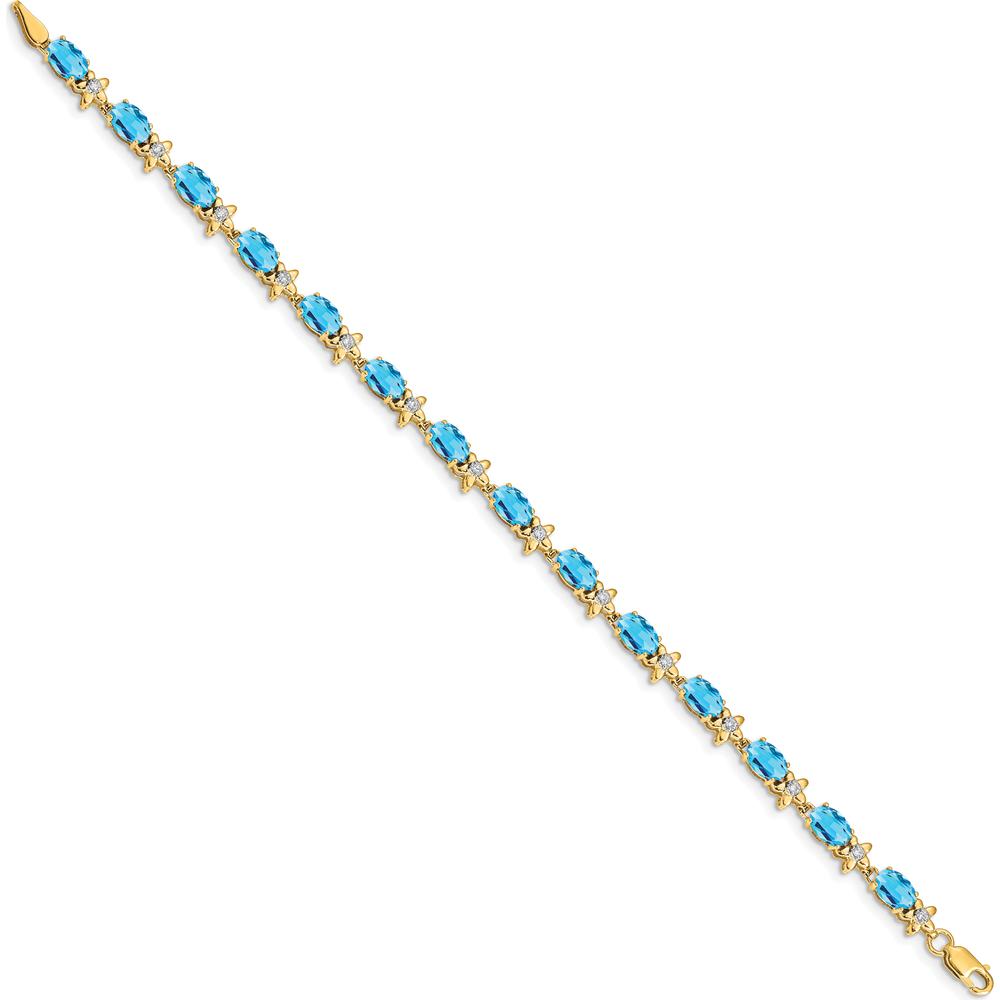 14K Yellow Gold Complete Diamond and Oval Swiss Blue Topaz Floral 7" Bracelet - 0.56 Carats Swiss Blue Topaz, 0.11 Carats Diamond Total Weight by Monteluci Fine Jewelry