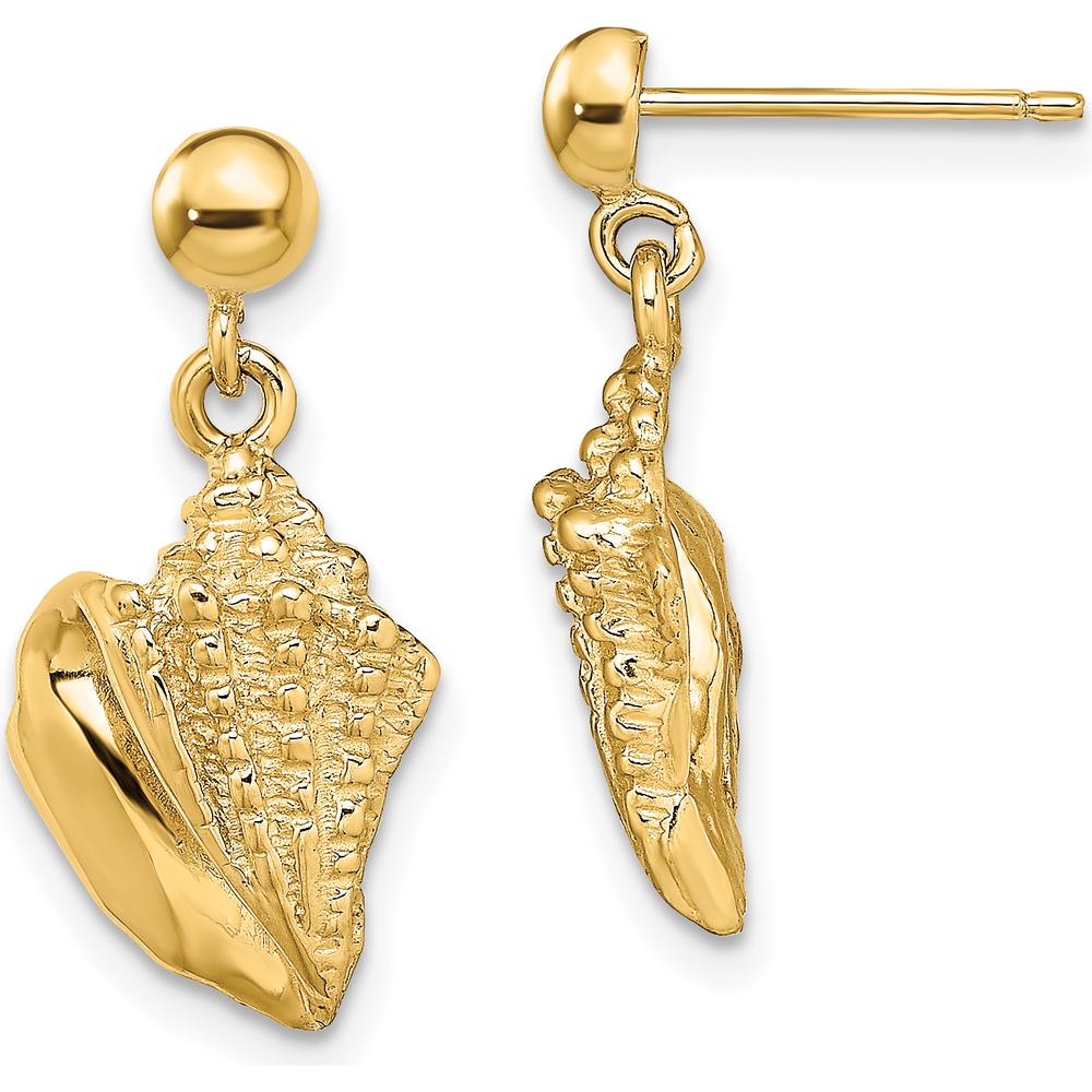 14K Yellow Gold Conch Shell Dangle Earrings - Polished Finish, 22.35mm Length by 0