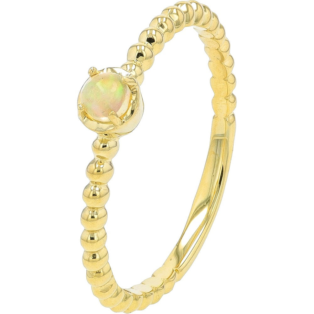 14K Yellow Gold Contemporary Beaded-Band Ring with Round Cabochon Opal - 0.14 Carat Total Opal Weight