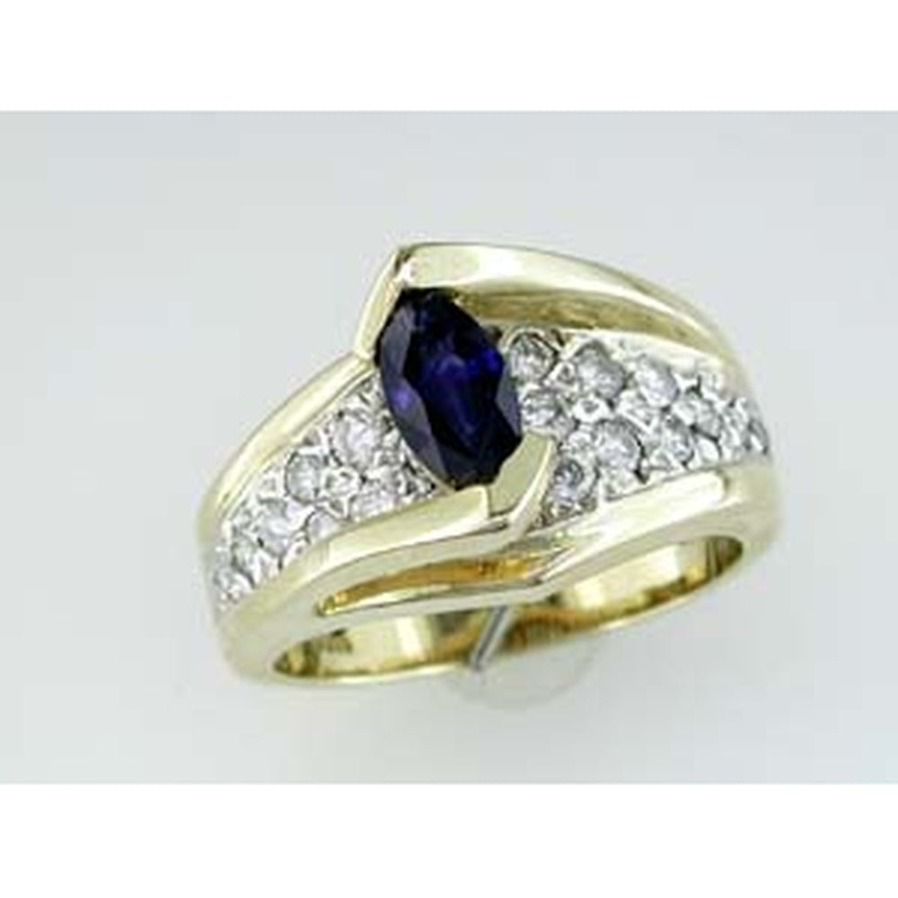 14K Yellow Gold Contemporary Bypass Ring with Marquise Sapphire and Pavé Set Round Diamonds - 0.70 Carat Sapphire and 0.55 Carat Total Diamond Weight - Royal Jewelry