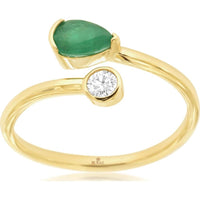 14K Yellow Gold Contemporary Bypass Ring with Pear-Shaped Emerald and Bezel-Set Round Diamond - 0.40 Carat Emerald and 0.10 Carat Diamond Weight - Royal Jewelry