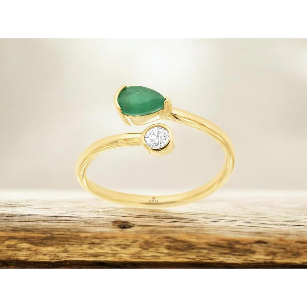 14K Yellow Gold Contemporary Bypass Ring with Pear-Shaped Emerald and Bezel-Set Round Diamond - 0.40 Carat Emerald and 0.10 Carat Diamond Weight - Royal Jewelry