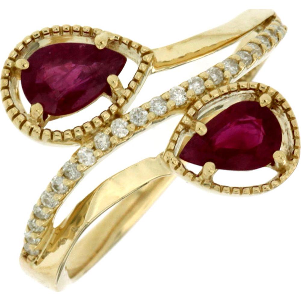 14K Yellow Gold Contemporary Bypass Ring with Pear Shaped Rubies and Round Diamond Accents - 0.90 Carat Total Ruby Weight and 0.12 Carat Total Diamond Weight - Royal Jewelry