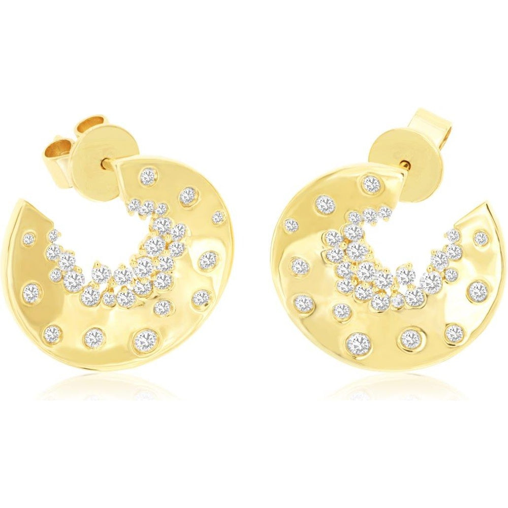 14K Yellow Gold Contemporary Crescent Earrings with Scattered Flush-Set Round Diamonds - 0.80 Carat Total Diamond Weight - Royal Jewelry