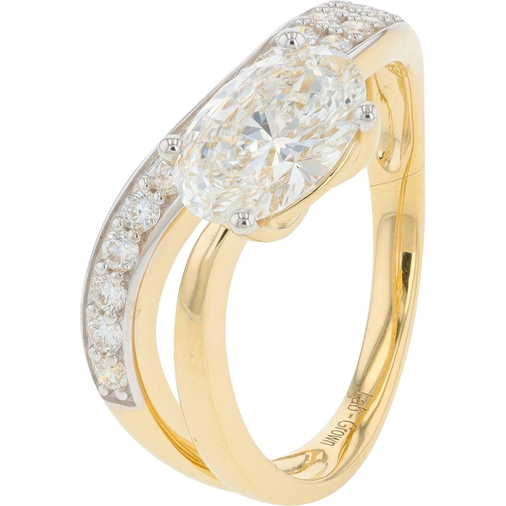 14K Yellow Gold Contemporary Double-Band Ring with Oval Lab-Grown Diamond and Round Accents - 1.50 Carat Total Diamond Weight
