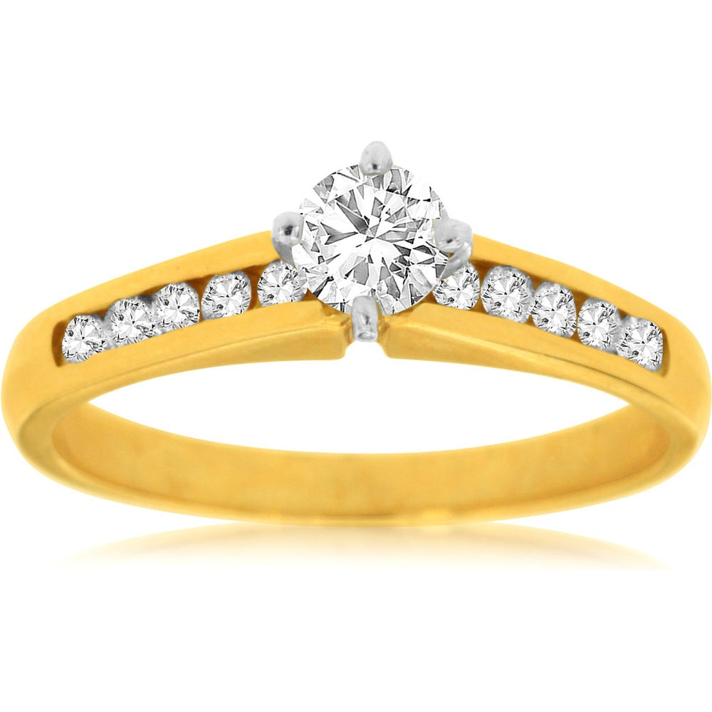 14K Yellow Gold Contemporary Engagement Ring with 0.32 Carat Round Center Diamond and 0.27 Carat Channel-Set Shoulder Diamonds - Royal Jewelry