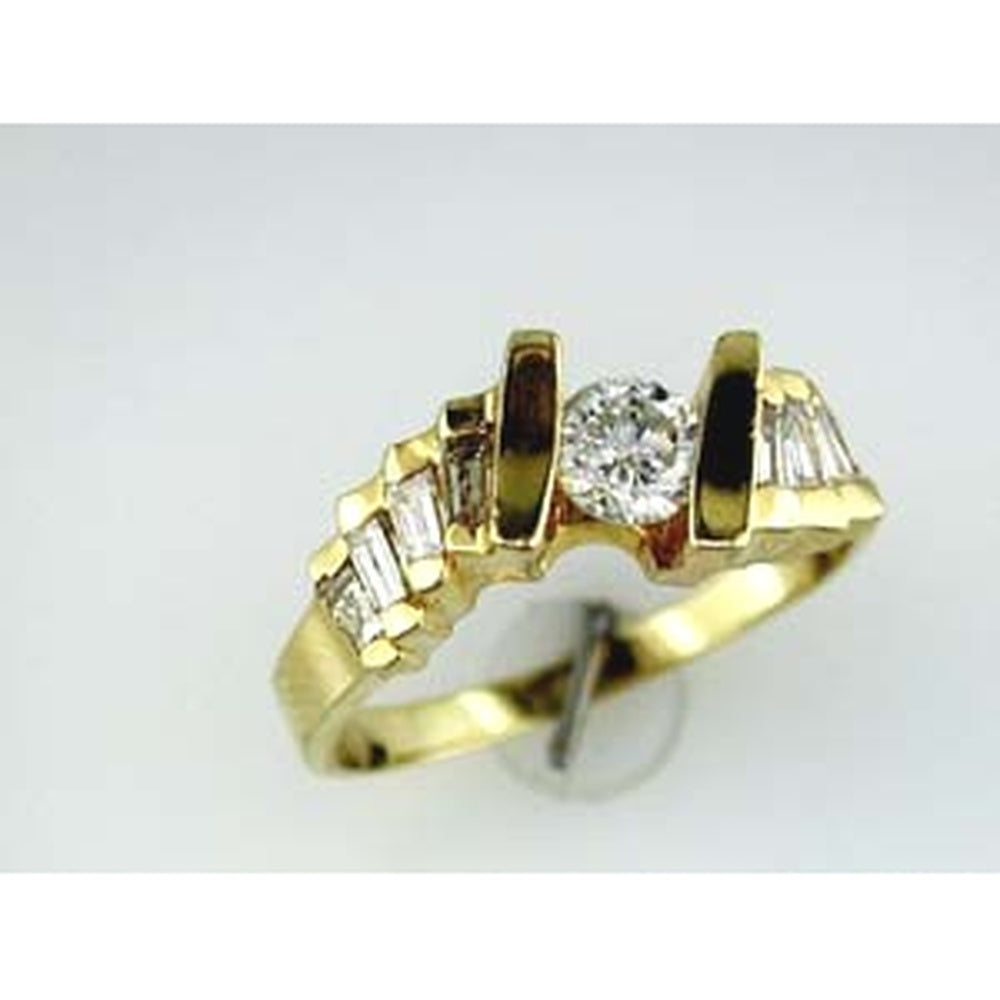 14K Yellow Gold Contemporary Engagement Ring with Channel-Set Round Center and Baguette Side Diamonds - 0.86 Carat Total Diamond Weight - Royal Jewelry