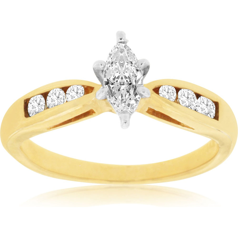 14K Yellow Gold Contemporary Engagement Ring with Marquise Center Diamond and Channel-Set Round Side Stones - 0.42 Carat Total Diamond Weight - Royal Jewelry