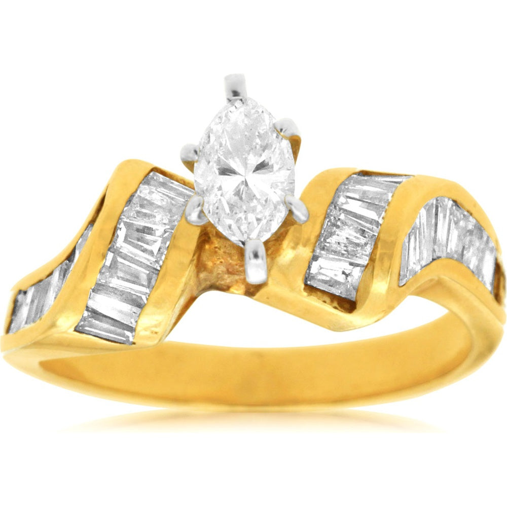 14K Yellow Gold Contemporary Free-Form Engagement Ring with 0.38 Carat Marquise Center and 0.90 Carat Baguette Diamond Side Stones - Royal Jewelry
