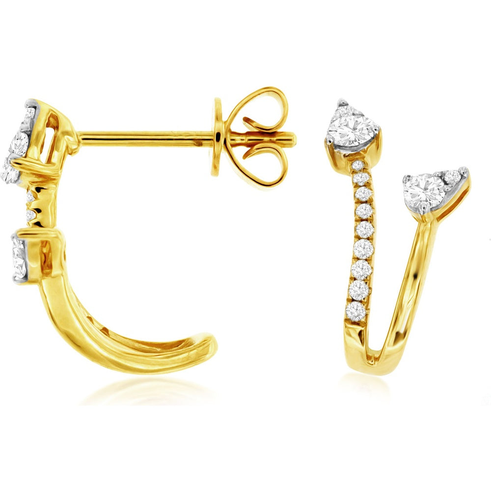 14K Yellow Gold Contemporary J-Hoop Earrings with Prong-Set Round Diamonds - 0.37 Carat Total Diamond Weight - Royal Jewelry