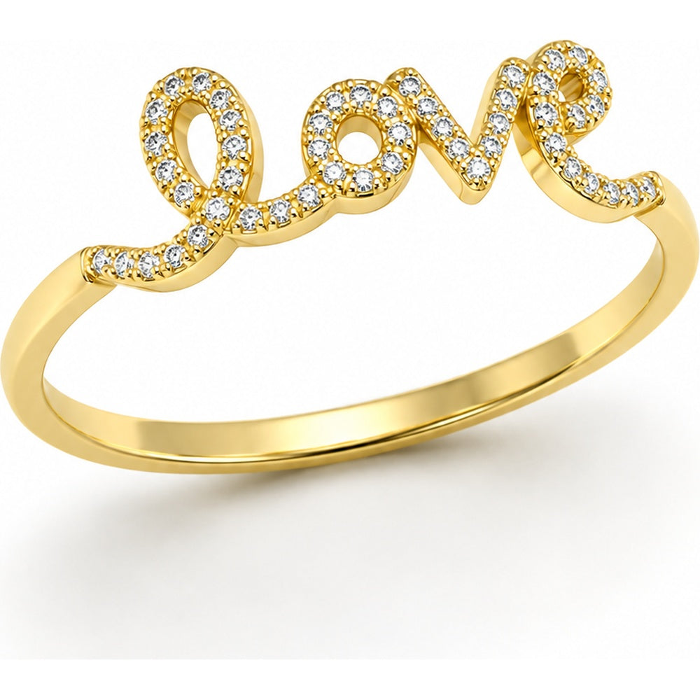 14K Yellow Gold Contemporary "Love" Script Fashion Ring with Prong-Set Round Diamonds - 0.12 Carat Total Diamond Weight by Auriventus