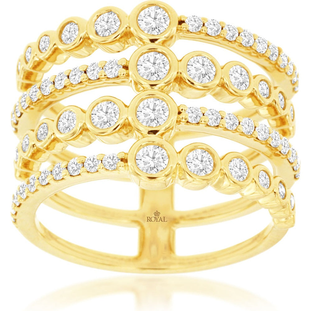 14K Yellow Gold Contemporary Multi-Band Stacked Ring with Bezel and Prong Set Round Diamonds - 1.07 Carat Total Diamond Weight - Royal Jewelry