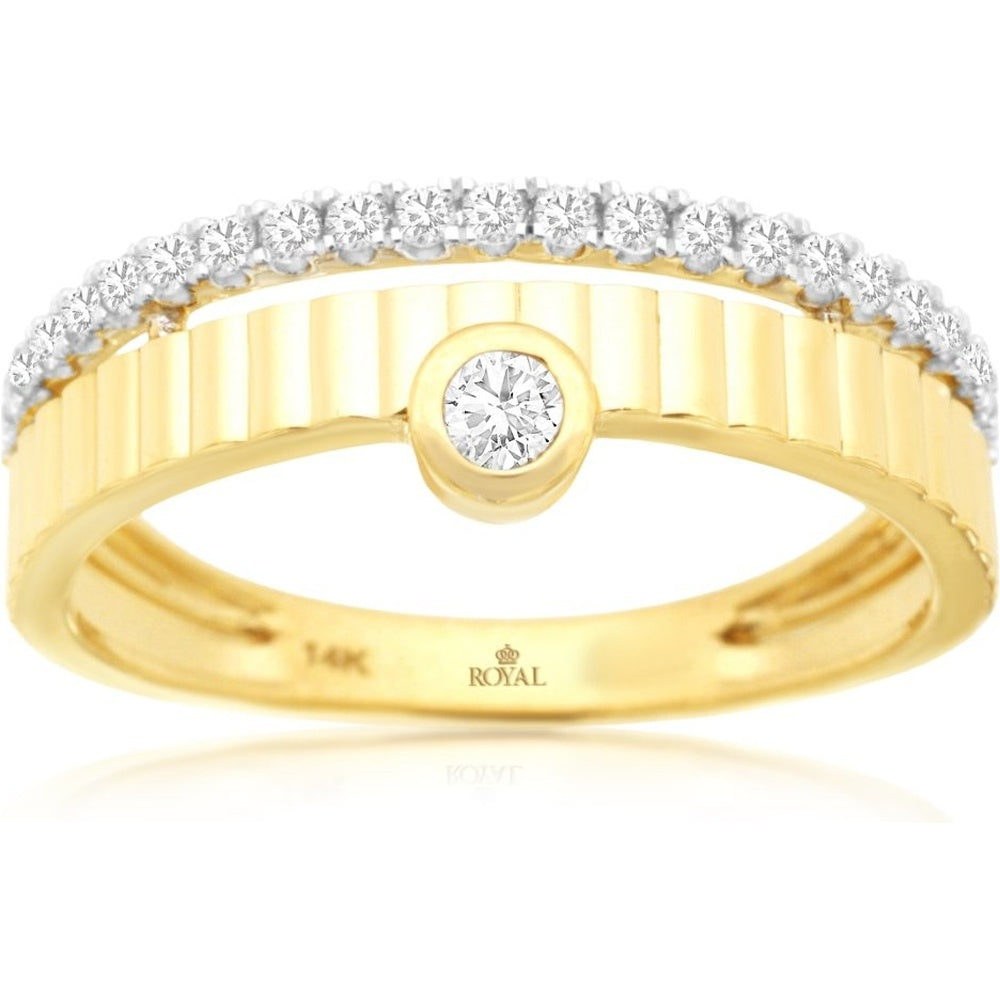 14K Yellow Gold Contemporary Open Band Engagement Ring with Bezel Set Round Diamond and Diamond Accent Bar - 0.25 Carat Total Diamond Weight - Royal Jewelry