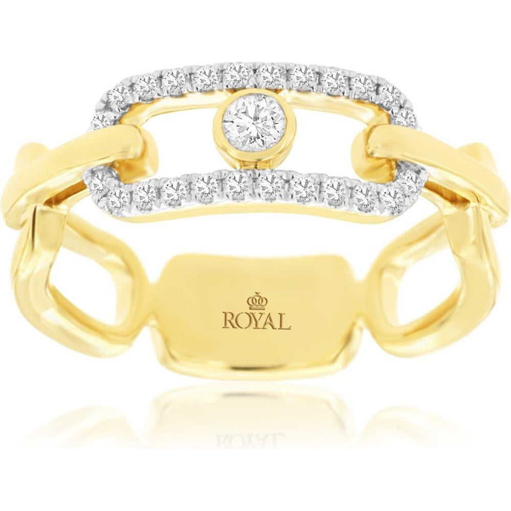 14K Yellow Gold Contemporary Open Bypass Band with Bezel Set Round Diamond Center and Diamond Accents - 0.26 Carat Total Diamond Weight - Royal Jewelry